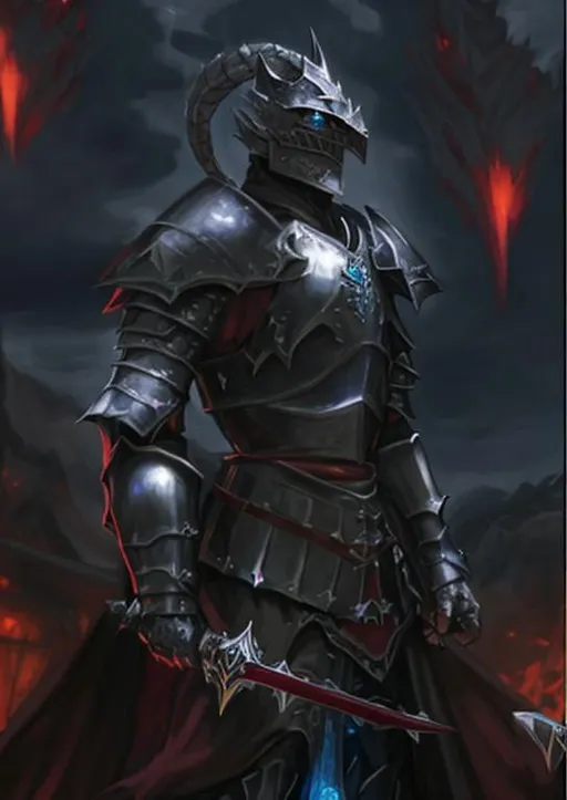Prompt: A medieval Dark Knight in dragon scale armor with glowing blue eyes peeking out of the helmed and a Dark cloud trails behind him. He would carry a broad Longsword decorated with a small dragonscull in his right hand. His chest armor has a red gem as decoration.
Fine art.