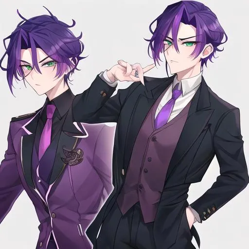 Prompt: Taro 1male. Violet hair; Slicked back that is Curly, short in the back. Dark green eyes. He wears a jacket that is wrinkled and poorly fitted, the tie is crooked and loosely knotted, and the pants are haphazardly cuffed. Anime style, 4k, UHD
