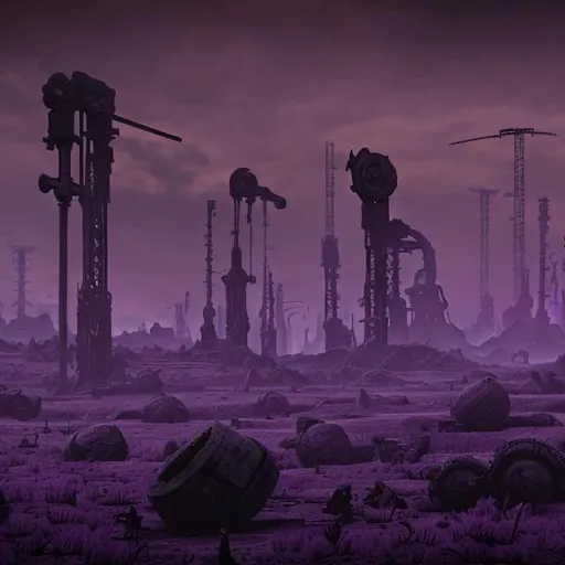 Prompt: a purple hue over an endless wasteland littered with machinery of a forgotten age