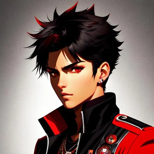 Prompt: Upper body portrait of human version of Shadow The Hedgehog, 17 years old, Black and red spiky hair, tan skin, Red and Black jacket, intricate, detailed face. by Ilya Kuvshinov and Alphonse Mucha. Dreamy, sparkles