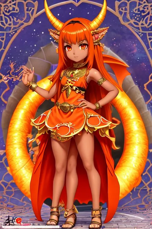 Prompt: full body anime, Arabic type female child character, dark tan skin, has a orange dragon tale, has orange dragon eyes, two curved horns on the side of her head, wears a short tan dress and sandals,