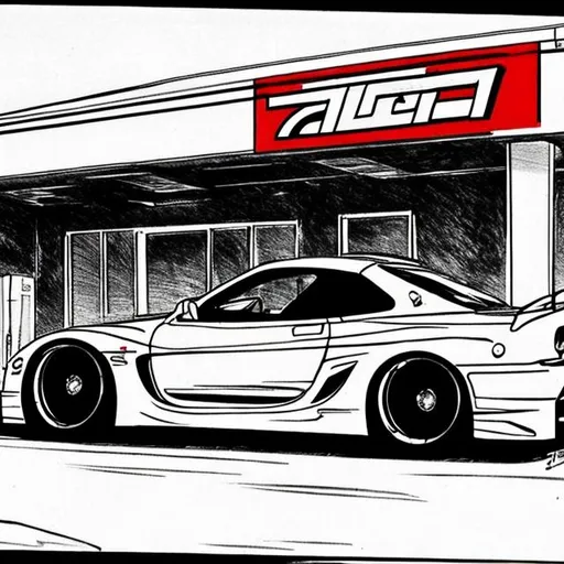 Prompt: Cell-shaded anime style drawing of Widebody kit FD rx-7 in an aggressive angle parked at a 7/11 gas station at midnight 