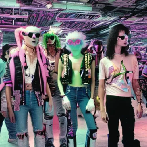 Prompt: 80’s 90s alien raver teens in futuristic technology high fashion warehouse arcade fast food rave party skating club