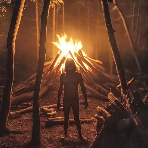 Prompt: A native American skinwalker stalks campers enjoying their fire at night.