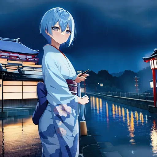 Prompt: Girl with blue hair , night, moon, anime, city, train, landscape photography, rain, blue, rill, japan, spirit away, short hair , noodles 