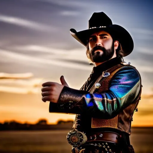Prompt: realistic cowboy man steampunk. horse. iridescent sky. warm colors. ultra hd, realistic, 8k, hight detailed, high quality.