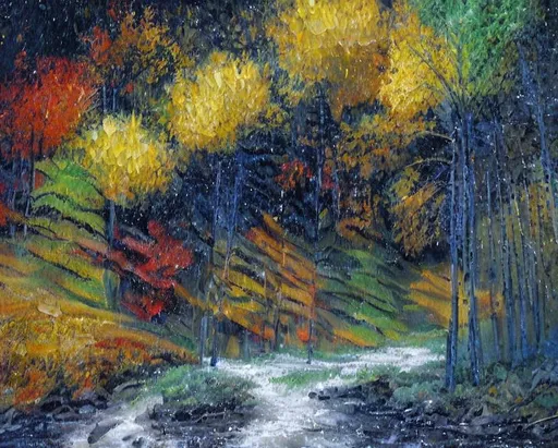 Prompt: In an alien forest, all the trees have yellow leaves, a river runs between two trees, an oil Painting by bob ross,