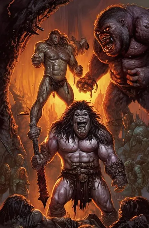 Prompt: Fantasy, pulp, illustration of a muscled, sword and sorcery, barbarian,  chopping off the head of a giant, mutant, gorilla man that is showing his fangs and wearing retro-future armor and clothing, with women clawing to his legs in love.