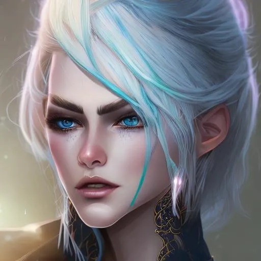 Prompt: serious white-skinned female with gloden hair and light-blue hair end partd to both sides and green-golden reptile eyes, character concept, digital art, detailed, symettrical, beautiful face, well dressed 