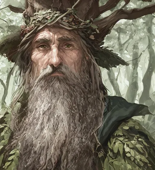 Prompt: druid elderly male long beard fantasy leaves tree nature portrait dark matte robes fur green eyes forest background

