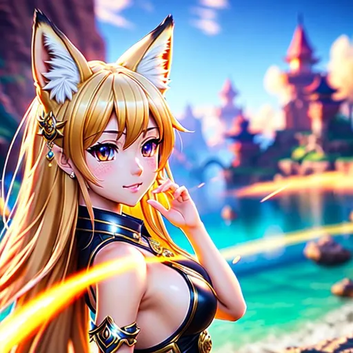 Prompt: far away shot, detailed background, wide angle shot, 3d, cute 20 year old, fox girl,  Same color eyes, detailed eyes, clear eyes, Splash art, front, wearing accessories, epic Instagram, very detailed, artstation, hyperdetailed intricately detailed ,intricate detail, splash screen, complementary colors, fantasy concept art, 4k, heavy strokes, realistic painting, splash arts, crimson hair, full height, full body