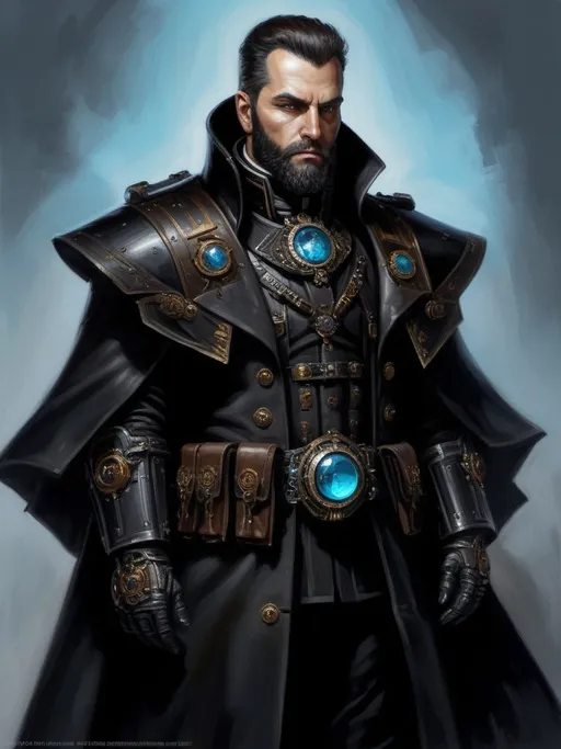 Prompt: full-body oil painting of male warhammer 40k psyker, short brown thick hair and full beard, worry lines, dark tones, (warhammer 40k psyker), black duster overcoat trench-coat, fierce expression, dark black gunmetal armor and clothes color, black gunmetal hi-tech epaulets with glowing blue gems, black gunmetal hi-tech gauntlets, black gunmetal hi-tech psyker breastplate chest plate with glowing blue gem, confident epic standing pose, (highly detailed piercing brown eyes), highly detialed facial features, utility pouches attached to belt, high gothic fantasy, imperium of man, 19th century impressionism brushwork, under-lit up-lit face, black gloves, painterly, black heavy-sole boots, black riding pants, (soft highlights), black gaiters, (psyker), wh40k highly detailed hands, painted, art, illustrated, painterly, painted, art, illustrated, duster lapels fastened to epaulets, 