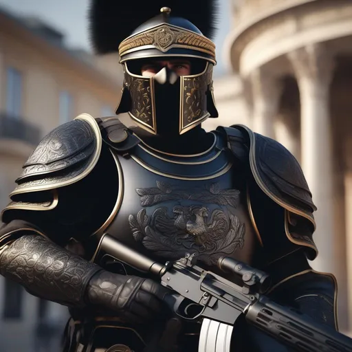 Prompt: A modern roman military male in black military armor galea helmet of roman armor, with a gunfire with iron face mask, background Paris in war, Hyperrealistic, sharp focus, Professional, UHD, HDR, 8K, Render, electronic, dramatic, vivid, pressure, stress, nervous vibe, loud, tension, traumatic, dark, cataclysmic, violent, fighting, Epic