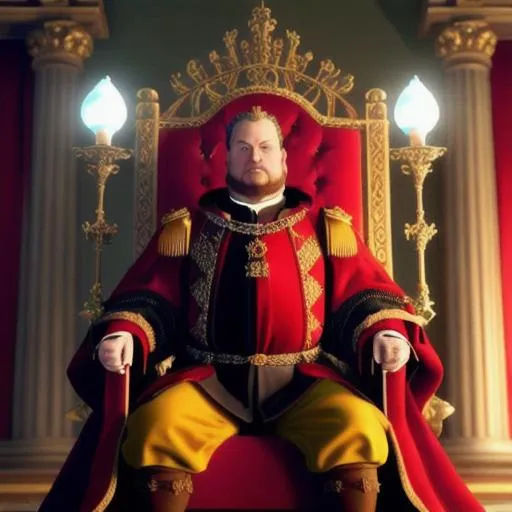 Prompt: Pixar render of Henry viii sitting on the throne, cinematic lighting, background of a royal hall, vivid colour scheme, 8k