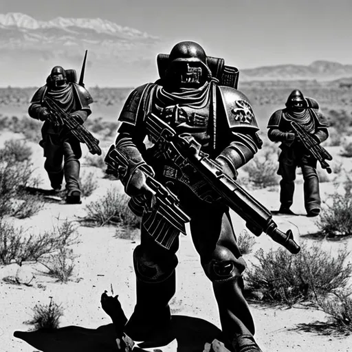 Prompt: warhammer 40k, guerilla warfare, desert, monochrome