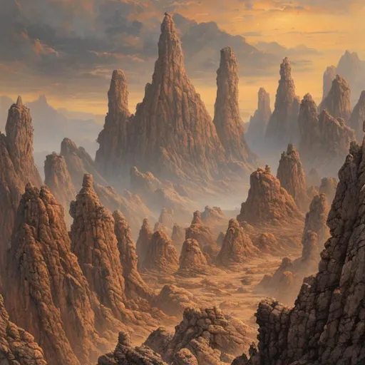 Prompt: Landscape painting, rocky desert, old stone fortress at the foot of the barren mountains, dull colors, danger, fantasy art, by Hiro Isono, by Luigi Spano, by John Stephens