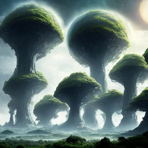 Prompt: Alien planet with colossal trees over  a kilometer high with cities built in its creaks. Awe-inspiring, award winning.