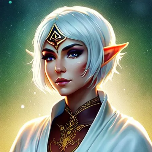 Prompt: elf, monk, glowing tattoos,  short hair, plain white robes, female, dnd, illustration, portrait, scars on face