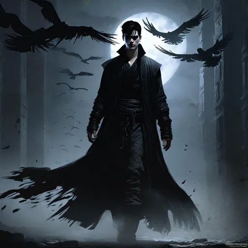 Prompt: (concept art of detailed character design), a young male shadow sorcerer, detailed face, black clothes, black hair, black mist coming out of hand, wearing a long coat, Gloomy lighting, in a dark room, moonlight, Fantasy, digital art, 8k, trending on artstation,  by Greg Rutkowski, insanely detailed, trending on art station, by pascal blanche, Rutkowski, D&D character art