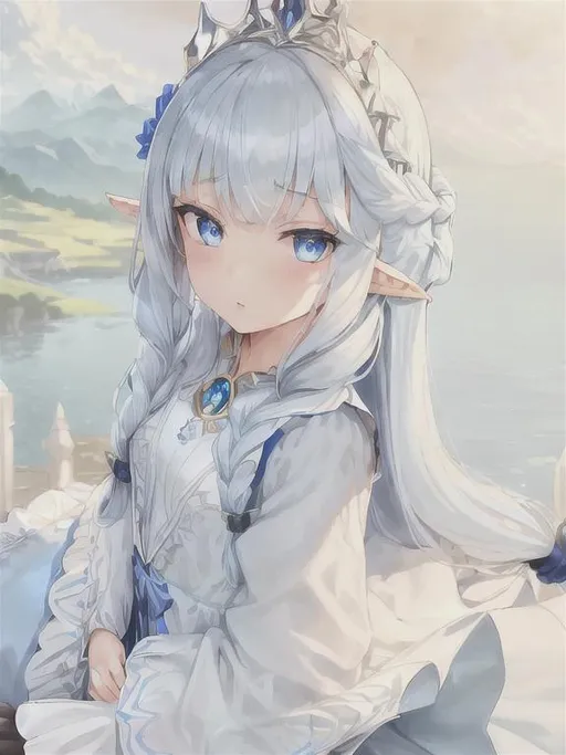 Prompt: 1 girl, queen, highly detailed blue eyes, highly detailed face, innocent looking, regal looking, regal, 8k UHD, young girl, pointy ears, divine, highly detailed blue dress, long sleeved, anime, long dress, fully clothed, fantasy kingdom backdrop, highly detailed back braided silver hair, slight front bangs, scenic view landscape, magical feel, aerial view, idyllic, overhead shot, determined