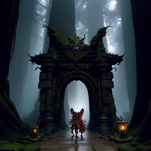 Prompt: goblins and gremlins were entering our world through the great stone moon gate deep within the redwood forest, detailed scene, digital painting, hyperrealistic, fantasy, Surrealist, by Brian Froud and Stanley Artgrem Lau, artstation, highly detailed, sharp focus, wide angle shot, mystical, stunningly beautiful, dystopian, crimson, black, cinematic lighting, dark