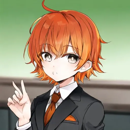 Prompt: Portrait of a cute girl with short, orange hair and grey eyes in a suit 