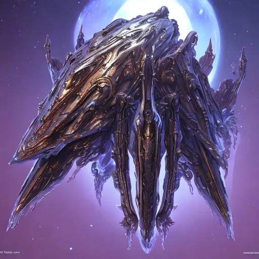 Prompt: Bio-Space ship of metallic flesh, crystal form, squid ship, symmetrical , in the style of mass effect 