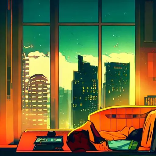 Prompt: Cyberpunk & Lofi setting, Messy apartment, dramatic lighting, Orange prominent, high contrast colours, panoramic view, High detail, Starlit sky, Sharp, Androids, Cozy, Anime