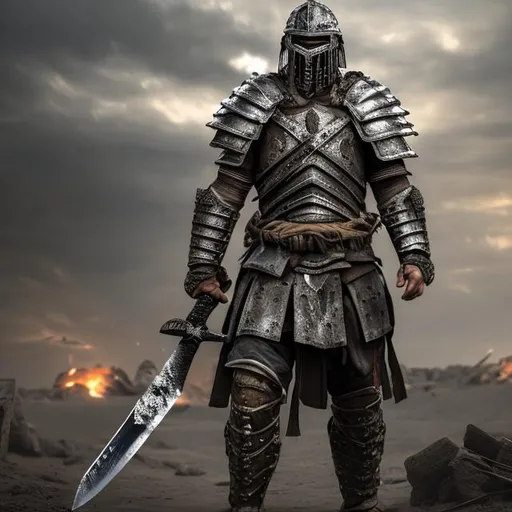 Prompt: ancient warrior, broad sword, light armor, dirty, battle hardened, 4k, uhd, hyper realistic