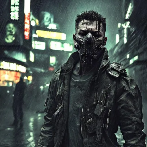 Prompt: Villain. Future paramilitary style body uniform. Slow exposure. Detailed. mouth mask. Dirty. Dark and gritty. Post-apocalyptic Neo Tokyo. Futuristic. Shadows. Sinister. Armed. Brutal. Intimidating. Evil. Bionic enhancements. Fanatic. Intense. Heavy rain.