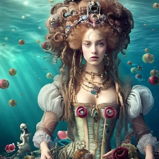 Prompt: woman in 16th century dress underwater tea party.  hair, elaborate hair, fabric, lace, bubbles. jewels, queen.  deep water.