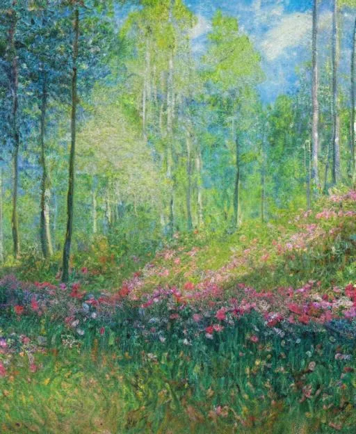 Prompt: An impressionist painting of a deep and calm forest, wooden fence, flowers 