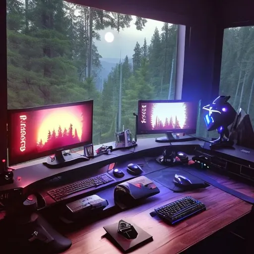 Prompt: Desk setup for a PC gaming streamer during gothic era. It is midnight outside of the window. Show a full moon and stars. Outside of the window, there is a horizon of forestry from a forest. Add a gaming pc tower on the desk right next to the monitor