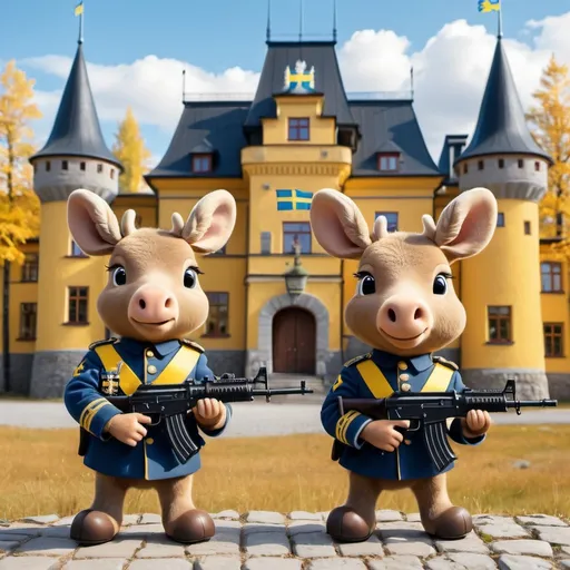 Prompt: two small cute mooses in Sweden military uniforms, with Swedish Ak5 assault rifles in hands, cartoon Swedish castle and swedish flag as background