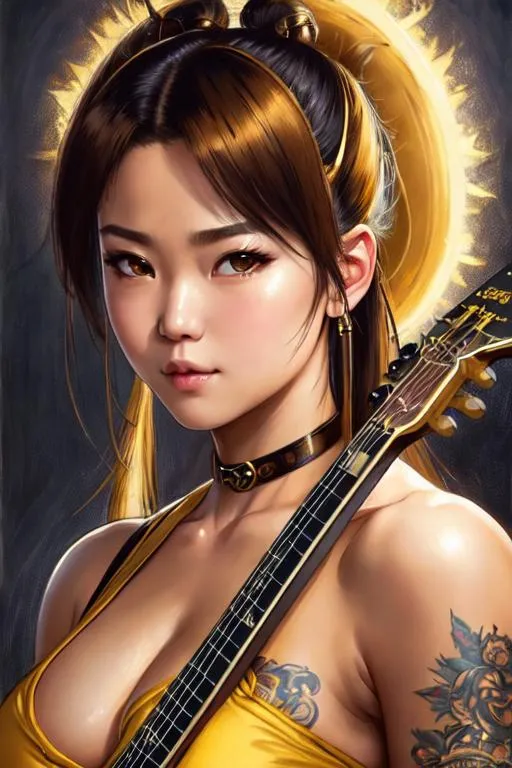 Prompt: Ultra Detailed Character portrait, dark and gritty esthetic, dark yellow haired, cute looking like Chun Li, oversized chest, natural skin, playing accustic guitar, soft impressionist perfect composition, perfect face, intricate, oil on canvas, masterpiece, expert, insanely detailed, 4k resolution, Stanley Lau Artgerm, WLOP, Alphonse Mucha, Norman Rockwell, Guweiz,