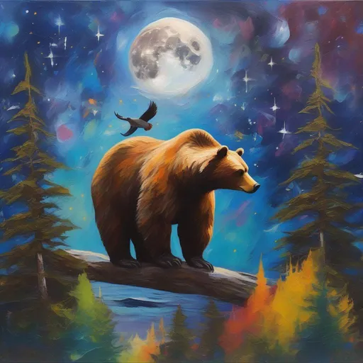 Prompt: A profile beautiful and colourful picture of a handsome man with brunette hair and a mustach, is surrounded by Sitka Spruce trees, a brown bear, and a goose in flight, framed by the moon and constellations, in an impressionistic colourful acrylic palette knife style.