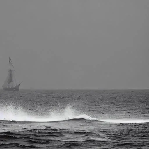 Prompt: A pirate ship at sea with the waves coming up over the sides and a mist rolling in