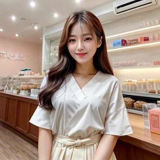 Prompt: HD photo of a Cute Korean woman in a cute korean bakery. Happy, Instagram photo, beautiful, Korean, k-beauty, makeup, lipstick, cutie, skinny