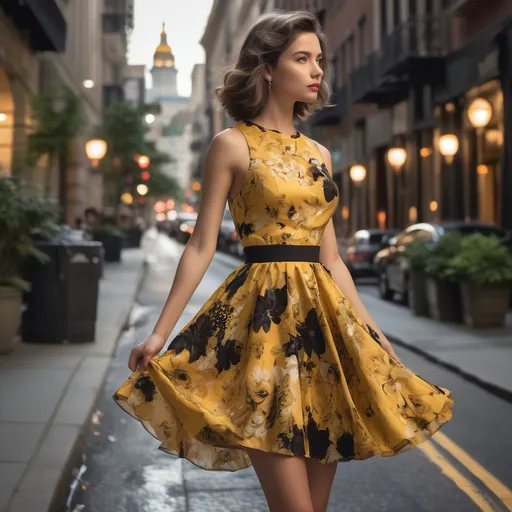 Prompt: A graceful young woman stands confidently in a vibrant, floral-patterned yellow dress with a flared skirt and black accents, exuding elegance as she gazes over her shoulder. The bustling street scene around her, set in an upscale urban environment, features elegantly dressed couples, with a backdrop of sophisticated architecture and warm streetlights, hinting at twilight. Lush greenery and lavish decor visible through glass windows add a touch of opulence to the atmosphere, while the polished cobblestone street reflects the soft glow of the evening. The mood is lively yet refined, inviting onlookers to share in this moment of stylish festivity, captured with rich colors and intricate details that evoke a sense of charm and sophistication.