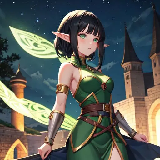 Prompt: Medieval, elf anime girl, black hair, green eyes, near a castle, at night, woman, grey