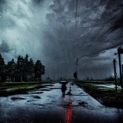 Prompt: sorrow, dystopian, rain, trees, ruin, landscape, storm, neon ambiance, crowds, post-apocalyptic, light, waiting