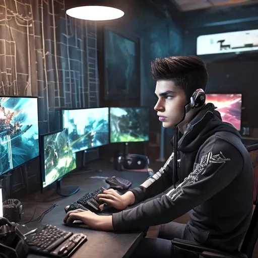 Prompt: A young man, a gamer, handsome looking with gaming gear sitting by his gaming table, multiple screens, dystopian