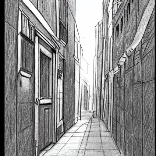 Prompt: a pencil sketch of a narrow alley in a big city