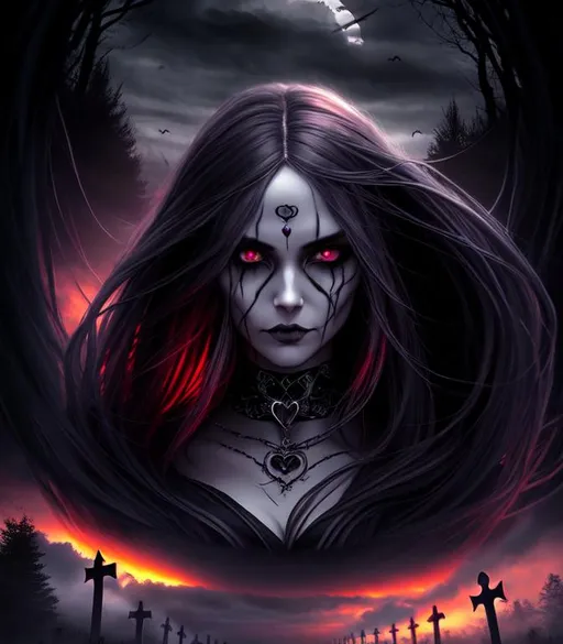 Prompt: Horror, twisted, scary, ominous, cinematic, 3D, HD, Beautiful!! {female}Witch, detailed gorgeous face, Beautiful big {heart-shaped}reflective eyes, long flowing hair, expansive cemetery background, sunset, hyper realistic, 16K --s98500