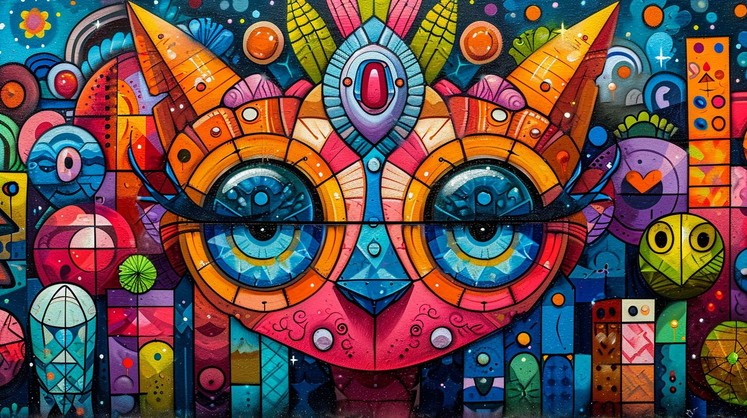 Prompt: Behold the queen, a canvas of graffiti splendor, Crafted by the hands of a Behance champion, a visual contender. In stained glass hues and neon's ancient glow, A tapestry of colors, where toyism and fantasy freely flow. A realm where whimsy, trolls, and vivid dreams unapologetically amass.