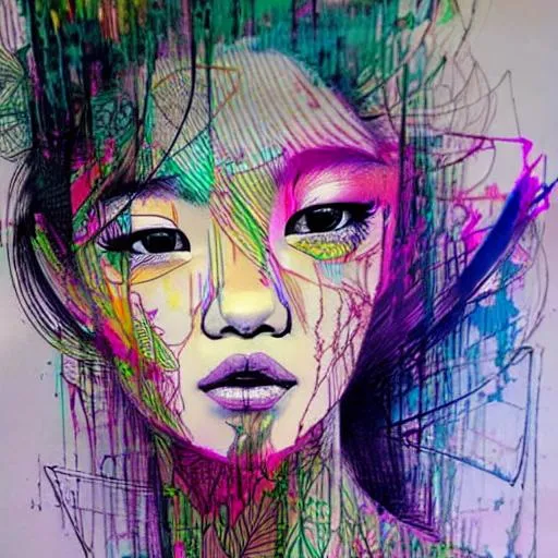Prompt: stunning abstract portrait of a Thai girl by carne Griffiths, pastel colors, pencil crosshatch, detailed ink lines