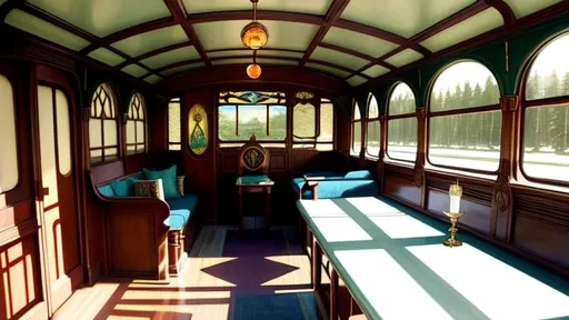Prompt: [two point perspective][establishing shot; interior]
seated across the rune-covered table of her well-shaded art nouveau-styled sleeper-car school bus conversion is Morgan, corpulent Oracle of Limbo, explaining your fortune in the arcane spread of antique Tarot cards laid out before you.
Alphonse Mucha, Maxfield Parrish, Edward Hopper, J C Leyendecker, N C Wyeth.