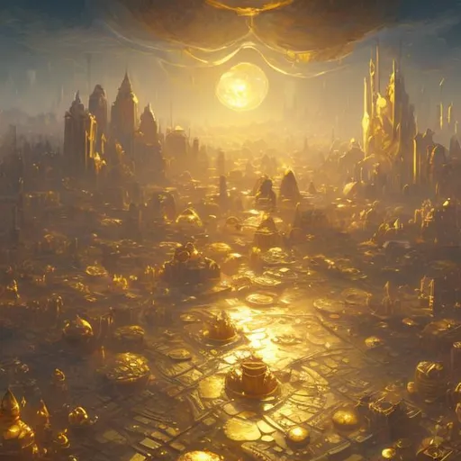 Prompt: A painting of a floating glass bubble with golden elements with a city built inside of it. The city itself looks similar to Piltover