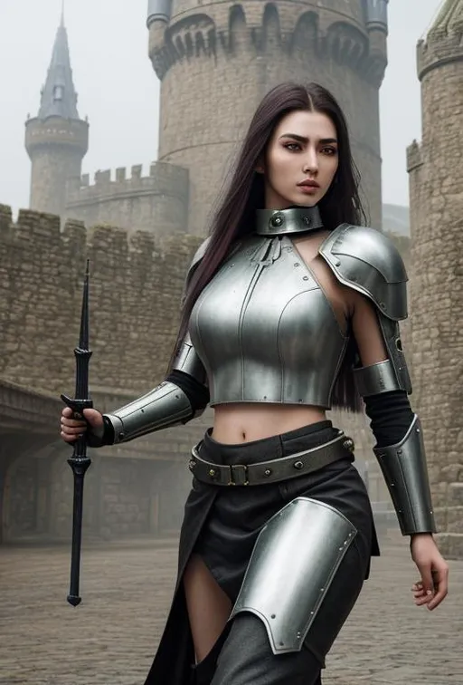 Prompt: Realistic futuristic dystopian landscape, heavy mist, Medieval Castle Town,

Depicting a female High Fantasy style Dhamani, an exquisite portrayal of an exotic, gorgeous, slender, long random colored hair, ultra realistic young adult woman, wearing a heavy iron collar,

Gorgeous perfectly detailed facial features, long legs, sumptuous perfect body, ultra pale, visible midriff,

Perfect studio lighting, perfect shading, Professional Photo Realistic Image, RAW, artstation, splash style dark fractal paint, contour, hyper detailed, intricately detailed, unreal engine, fantastical, intricate detail, steam screen, complimentary colors, fantasy concept art, 64k resolution, deviantart masterpiece, splash arts, ultra details, Ultra realistic, hi res, UHD, complete 3D rendering.