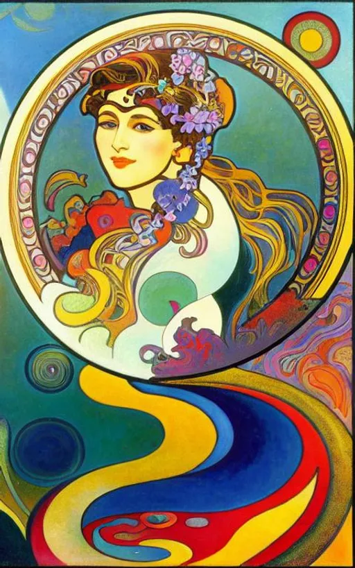 Prompt: Painting background by (Kandinsky:1.25), foreground [Alphonse Mucha:0.75]